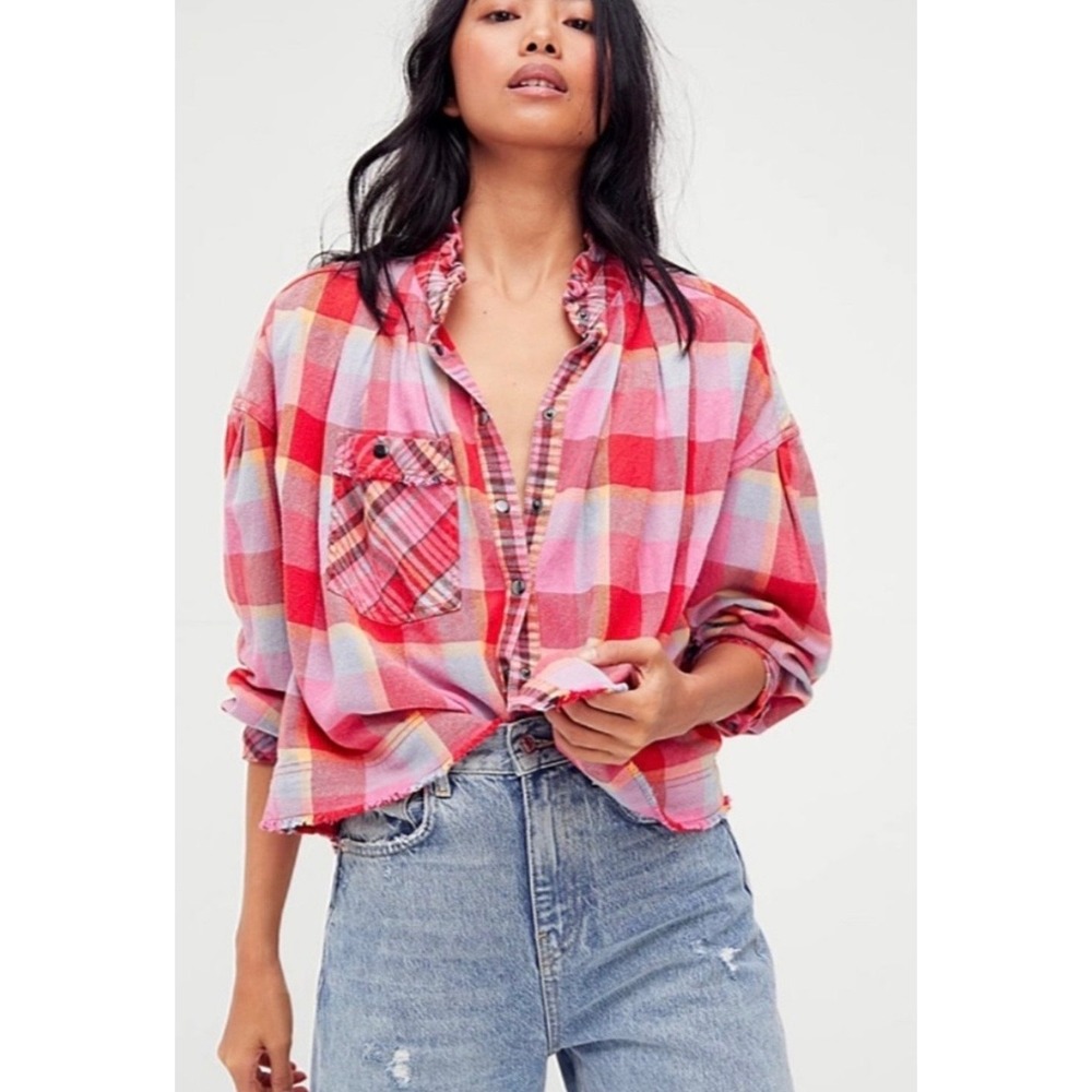 Free People Emily Crop Pink Plaid Ruffle Flannel Shirt Size XS